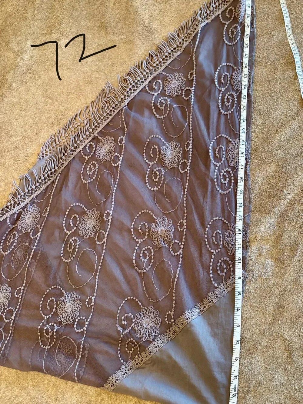 Sheer triangular shawl with Elegant embroidery and fringe taupe/light purple hue